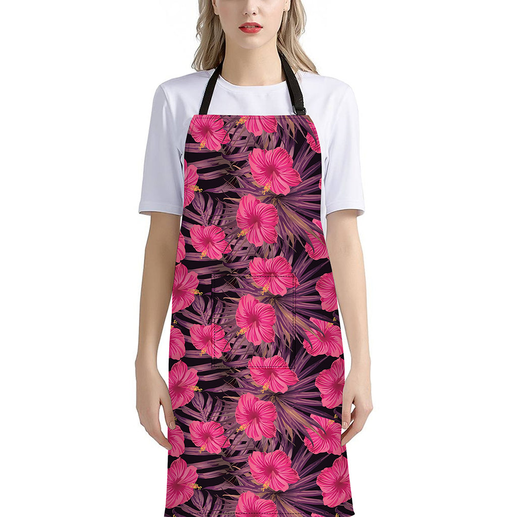 Pink Hawaiian Hibiscus Pattern Print Bib Apron With Pocket