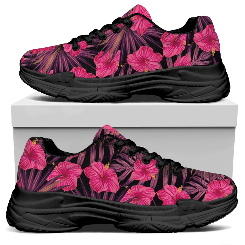 Pink Hawaiian Hibiscus Pattern Print Black Chunky Shoes