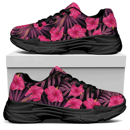 Pink Hawaiian Hibiscus Pattern Print Black Chunky Shoes