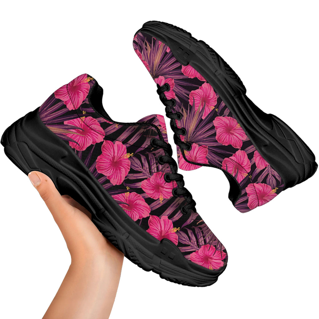 Pink Hawaiian Hibiscus Pattern Print Black Chunky Shoes