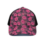 Pink Hawaiian Hibiscus Pattern Print Black Mesh Trucker Cap