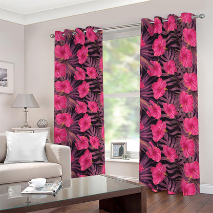 Pink Hawaiian Hibiscus Pattern Print Blackout Grommet Curtains