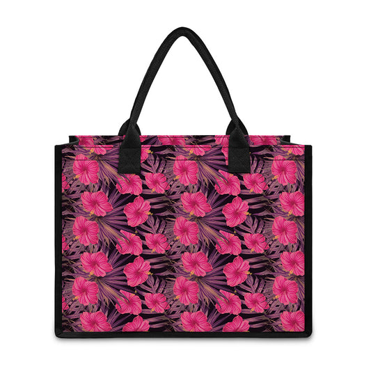Pink Hawaiian Hibiscus Pattern Print Canvas Tote Bag