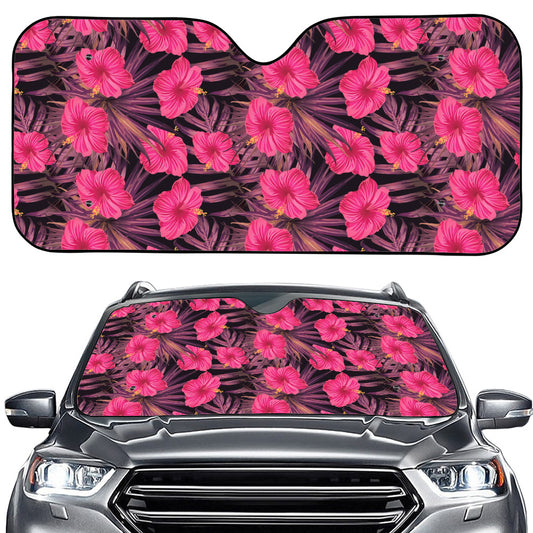 Pink Hawaiian Hibiscus Pattern Print Car Windshield Sun Shade