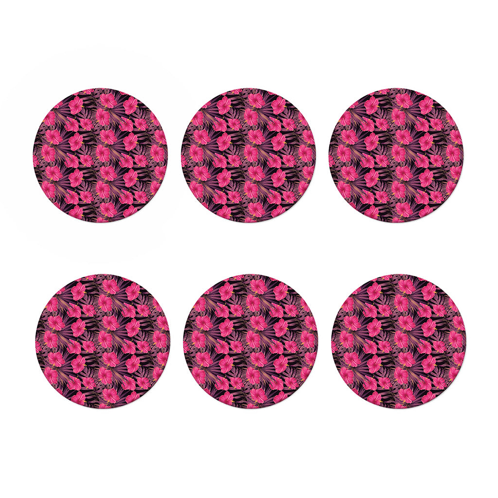 Pink Hawaiian Hibiscus Pattern Print Coaster Set