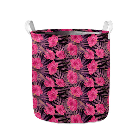 Pink Hawaiian Hibiscus Pattern Print Collapsible Laundry Basket