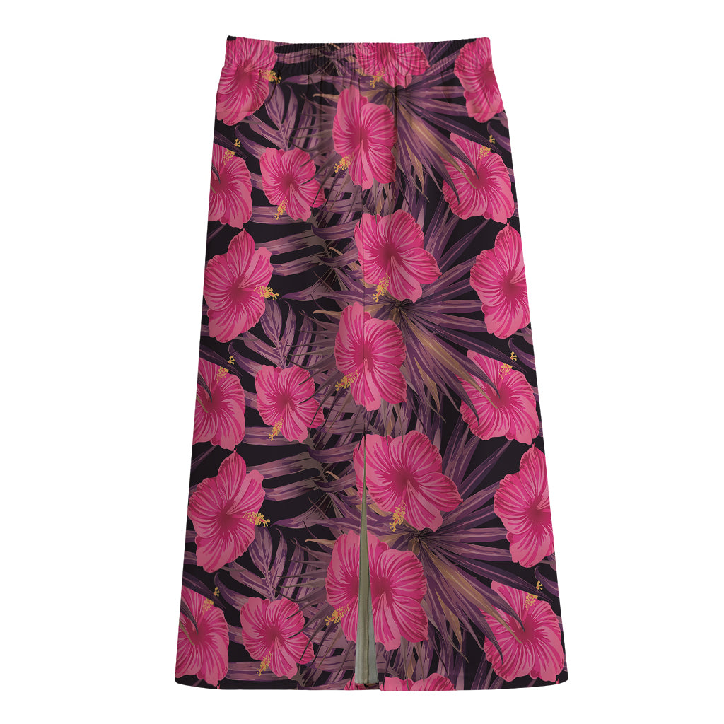 Pink Hawaiian Hibiscus Pattern Print Cotton Front Slit Maxi Skirt