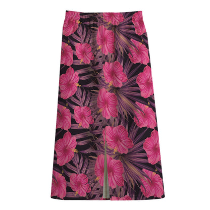 Pink Hawaiian Hibiscus Pattern Print Cotton Front Slit Maxi Skirt
