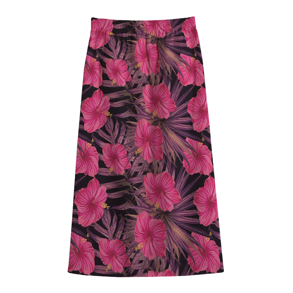Pink Hawaiian Hibiscus Pattern Print Cotton Front Slit Maxi Skirt