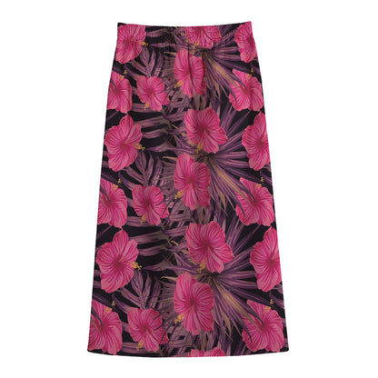 Pink Hawaiian Hibiscus Pattern Print Cotton Front Slit Maxi Skirt