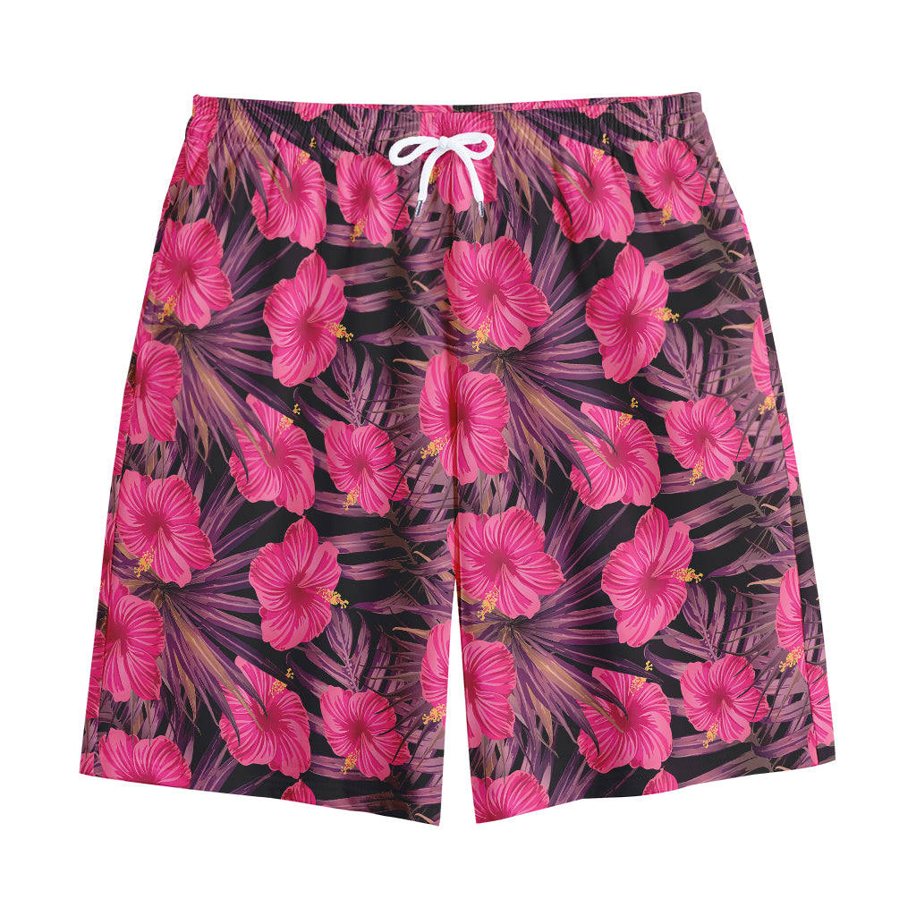 Pink Hawaiian Hibiscus Pattern Print Cotton Shorts