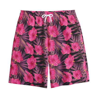 Pink Hawaiian Hibiscus Pattern Print Cotton Shorts