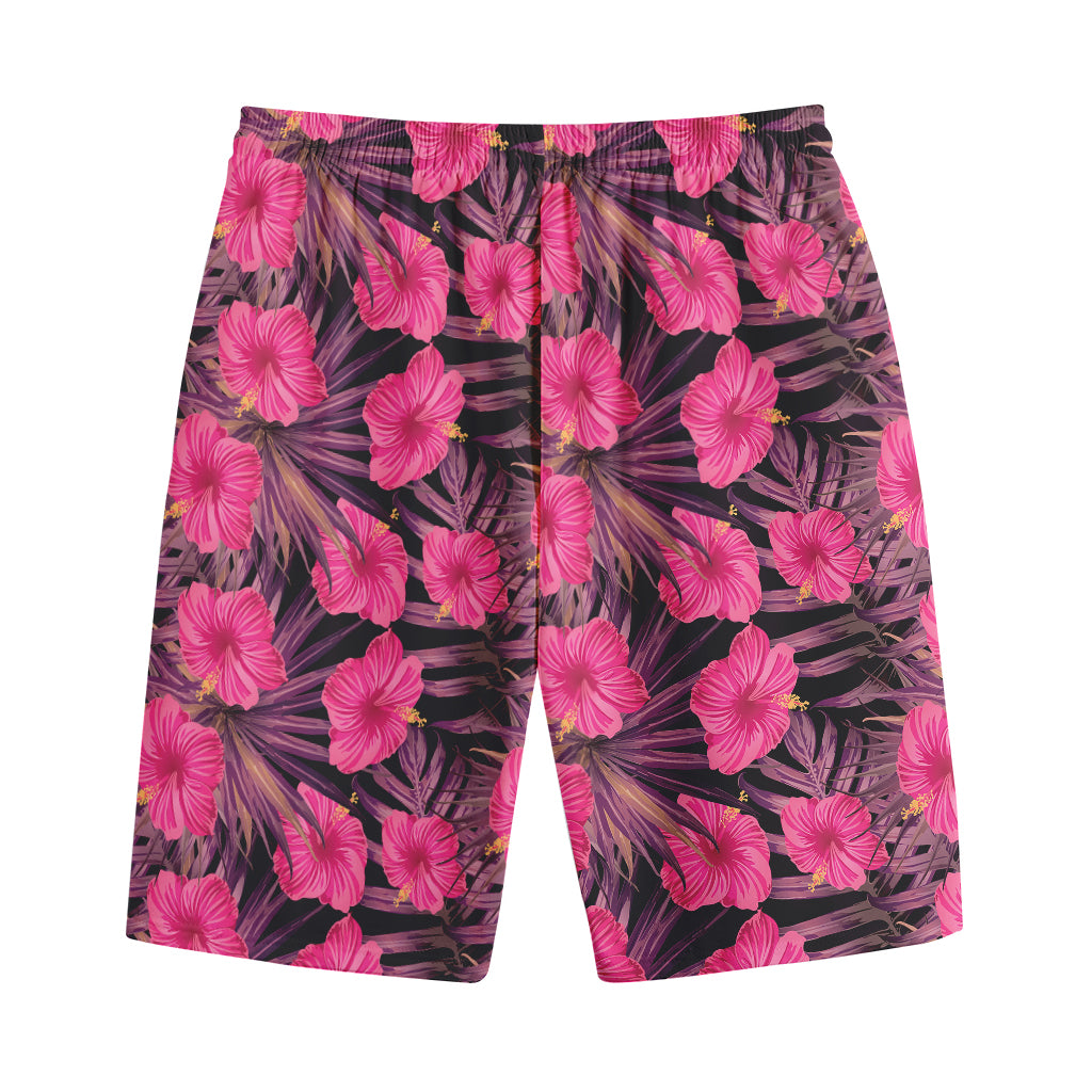 Pink Hawaiian Hibiscus Pattern Print Cotton Shorts