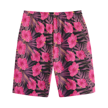 Pink Hawaiian Hibiscus Pattern Print Cotton Shorts