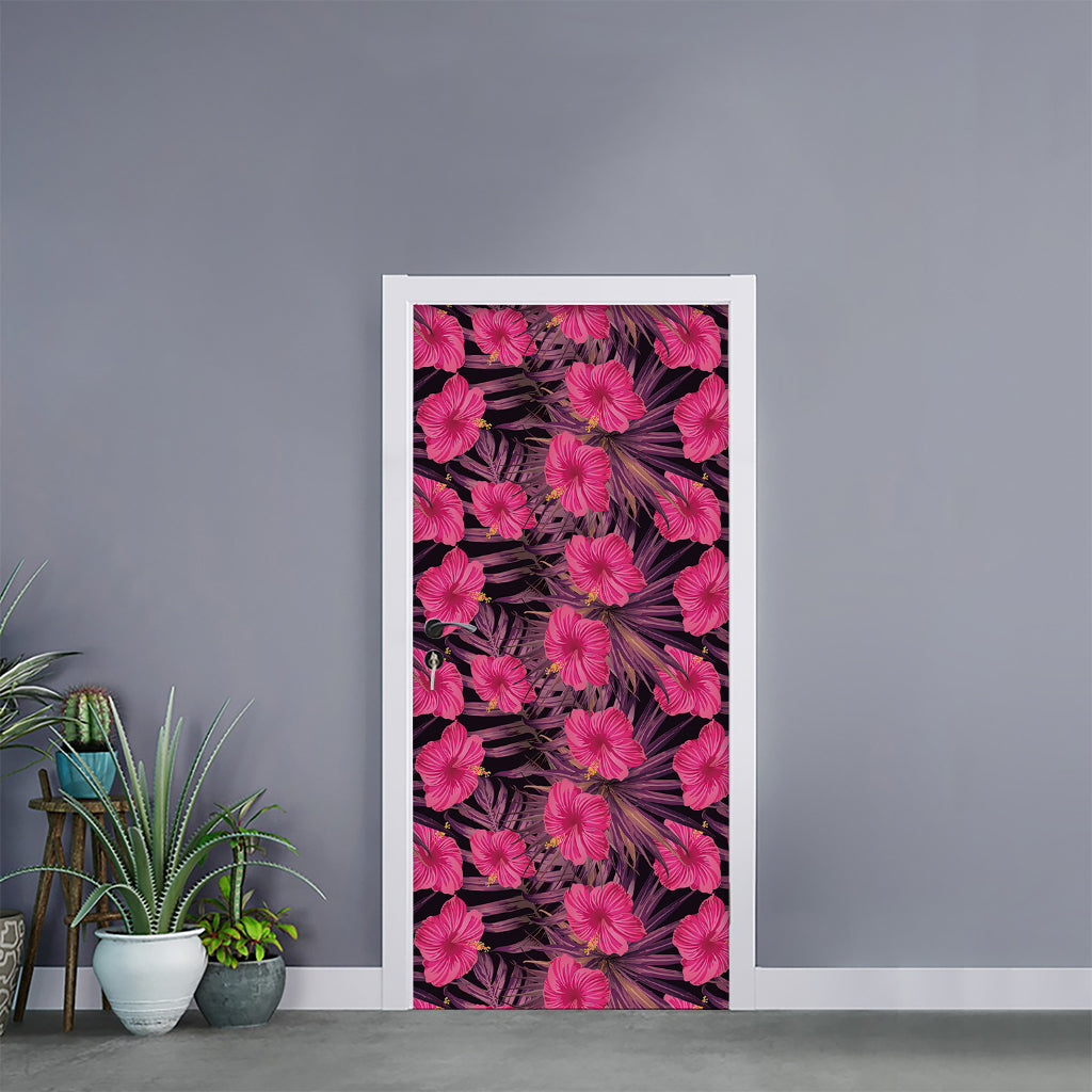 Pink Hawaiian Hibiscus Pattern Print Door Sticker