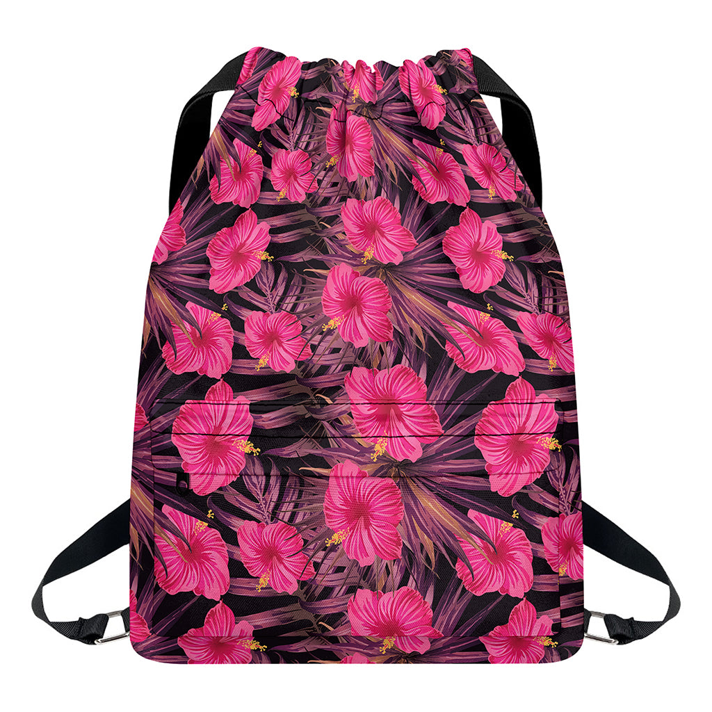 Pink Hawaiian Hibiscus Pattern Print Drawstring Backpack