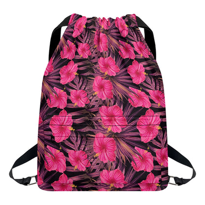 Pink Hawaiian Hibiscus Pattern Print Drawstring Backpack