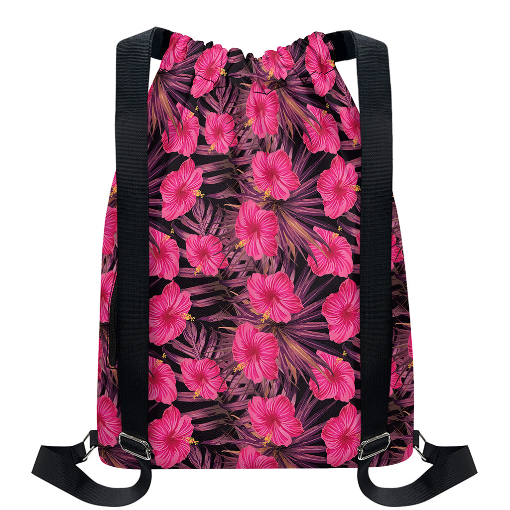 Pink Hawaiian Hibiscus Pattern Print Drawstring Backpack
