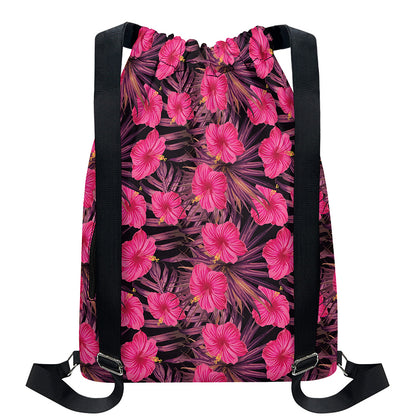 Pink Hawaiian Hibiscus Pattern Print Drawstring Backpack