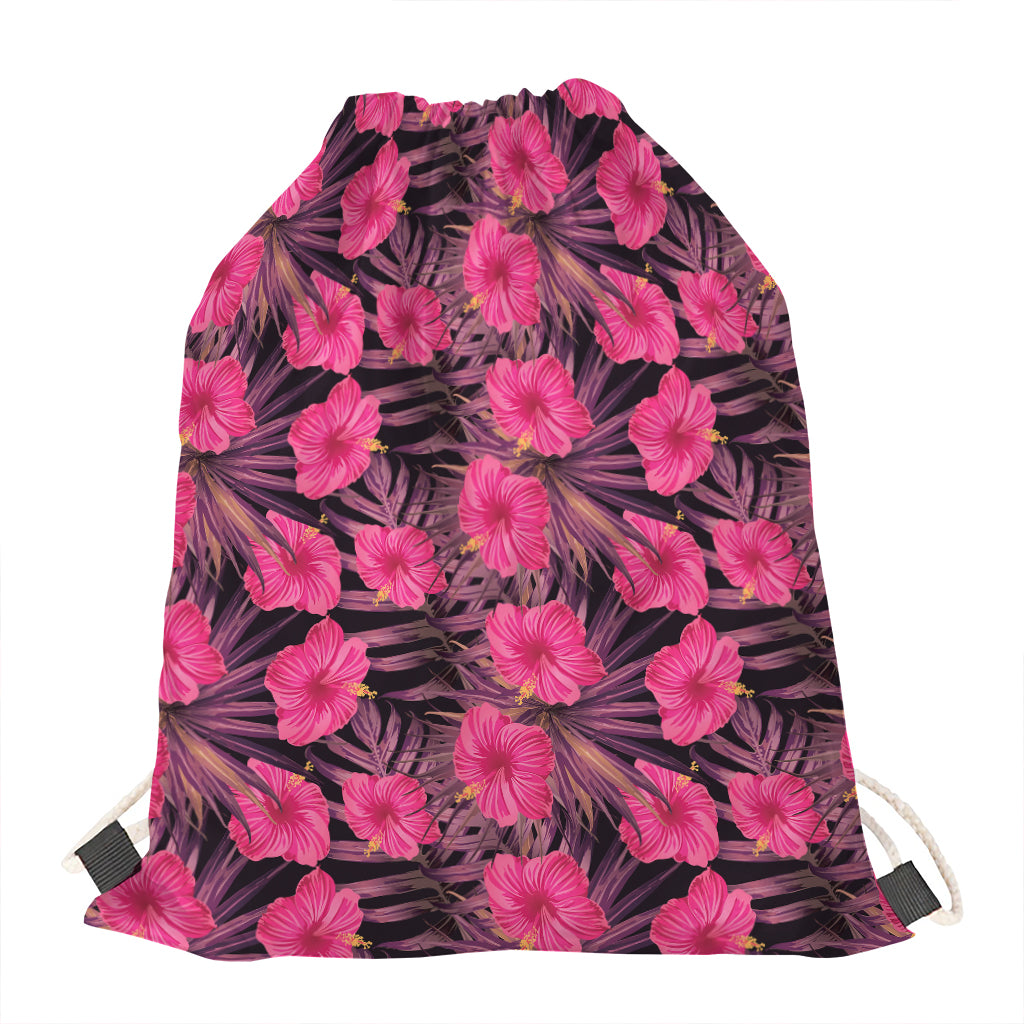 Pink Hawaiian Hibiscus Pattern Print Drawstring Bag