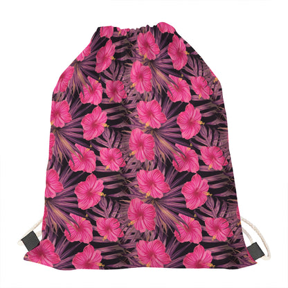 Pink Hawaiian Hibiscus Pattern Print Drawstring Bag