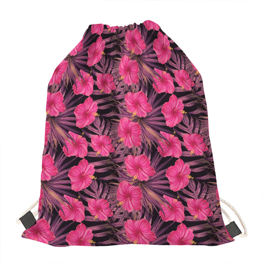 Pink Hawaiian Hibiscus Pattern Print Drawstring Bag