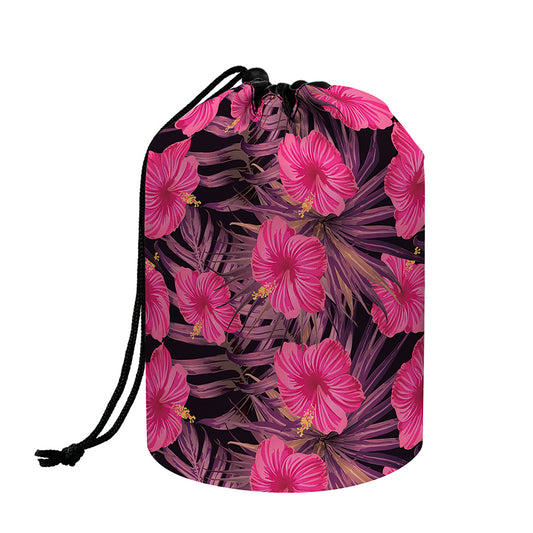 Pink Hawaiian Hibiscus Pattern Print Drawstring Makeup Bag