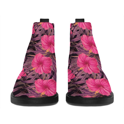 Pink Hawaiian Hibiscus Pattern Print Flat Ankle Boots