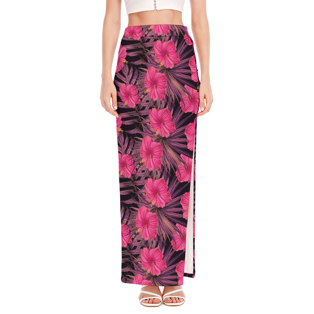 Pink Hawaiian Hibiscus Pattern Print High Slit Maxi Skirt
