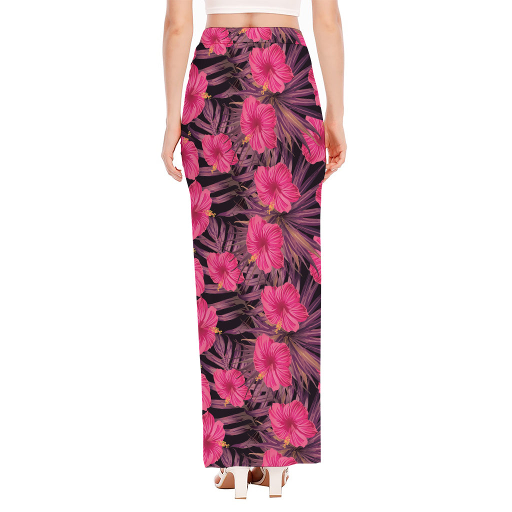 Pink Hawaiian Hibiscus Pattern Print High Slit Maxi Skirt