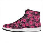 Pink Hawaiian Hibiscus Pattern Print High Top Leather Sneakers