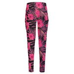 Pink Hawaiian Hibiscus Pattern Print High-Waisted Pocket Leggings