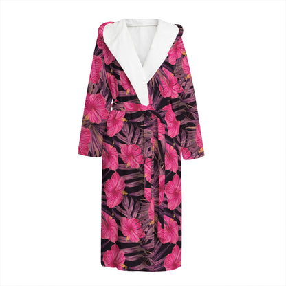 Pink Hawaiian Hibiscus Pattern Print Hooded Bathrobe