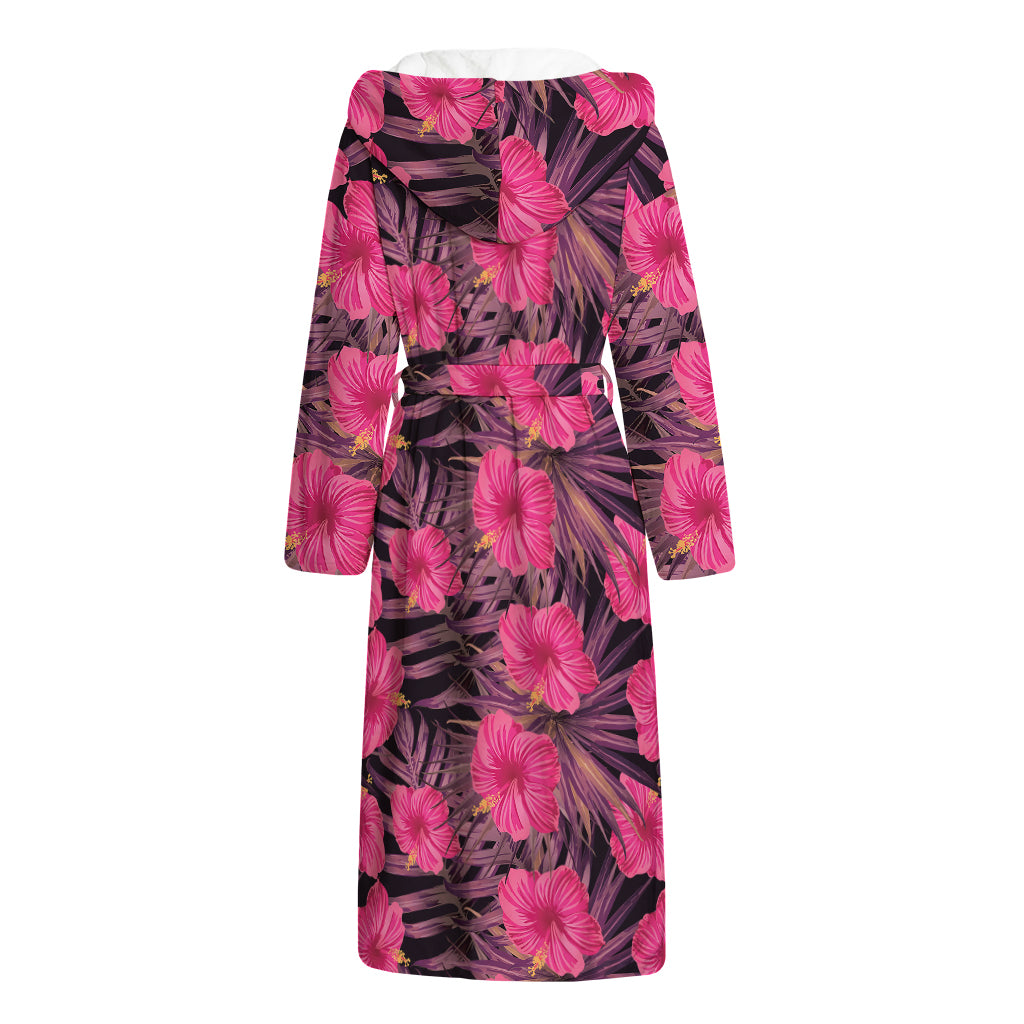 Pink Hawaiian Hibiscus Pattern Print Hooded Bathrobe