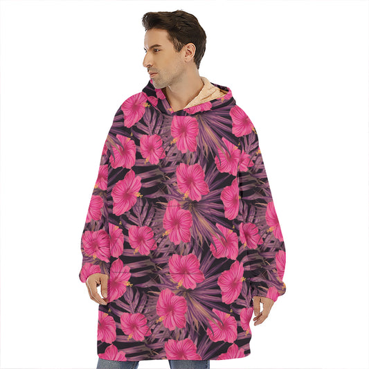 Pink Hawaiian Hibiscus Pattern Print Hoodie Blanket