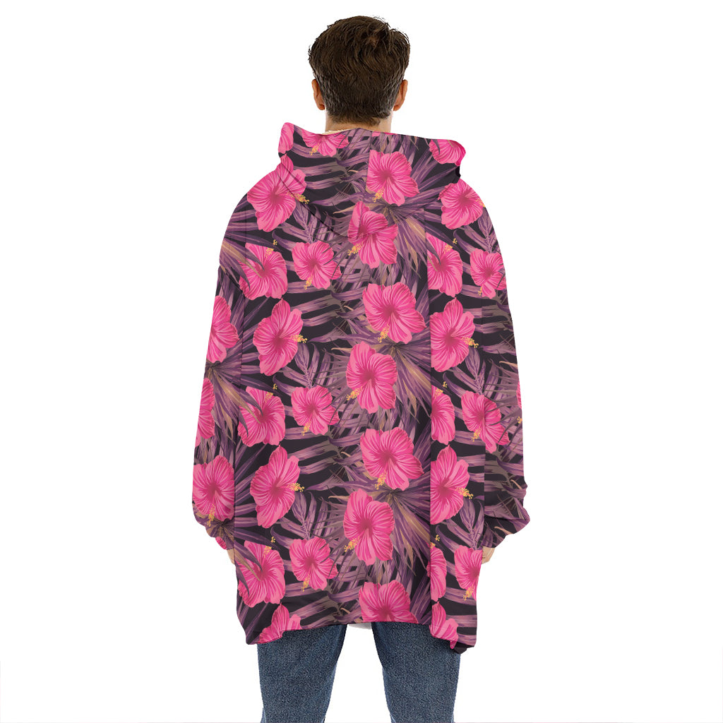 Pink Hawaiian Hibiscus Pattern Print Hoodie Blanket