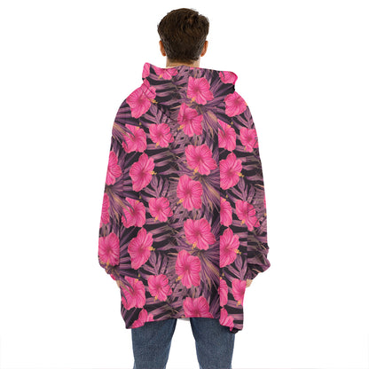 Pink Hawaiian Hibiscus Pattern Print Hoodie Blanket