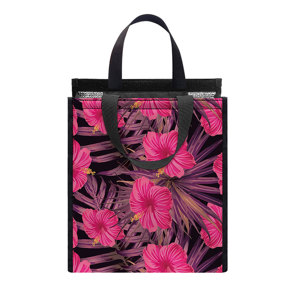 Pink Hawaiian Hibiscus Pattern Print Insulated Lunch Tote