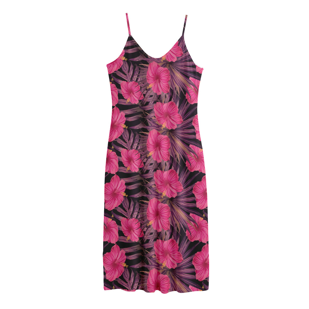 Pink Hawaiian Hibiscus Pattern Print Jersey Midi Cami Dress