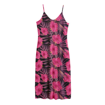 Pink Hawaiian Hibiscus Pattern Print Jersey Midi Cami Dress