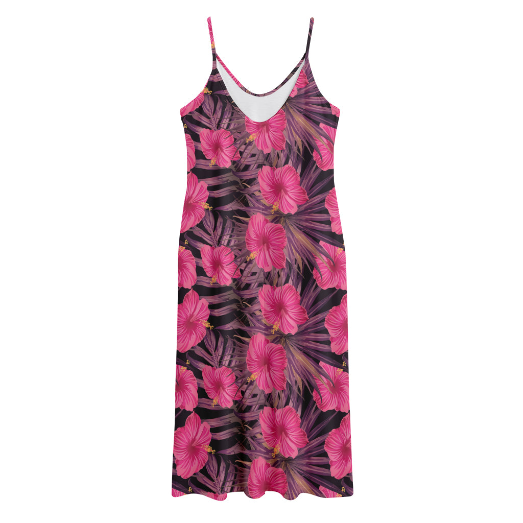 Pink Hawaiian Hibiscus Pattern Print Jersey Midi Cami Dress