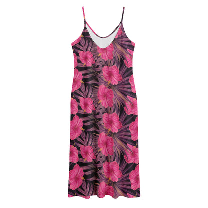 Pink Hawaiian Hibiscus Pattern Print Jersey Midi Cami Dress