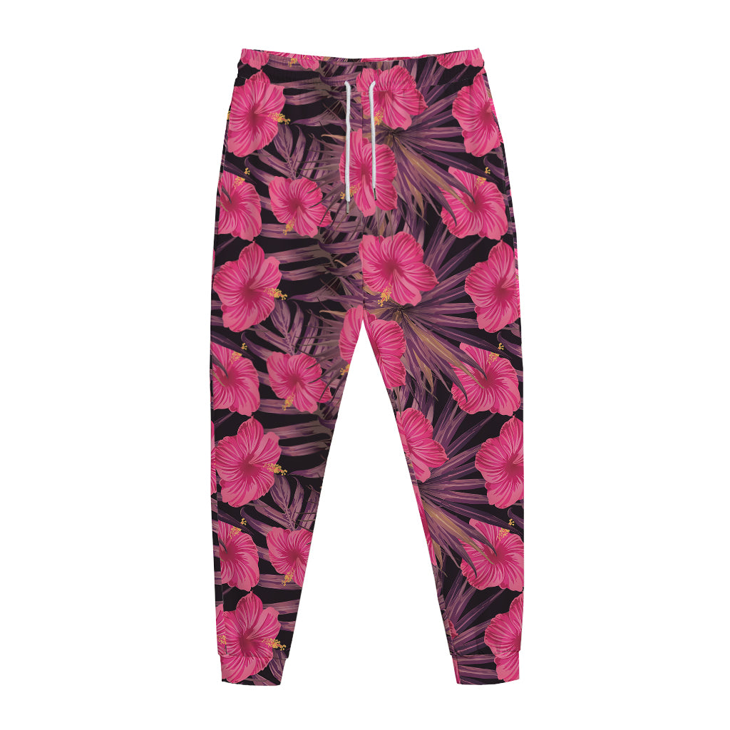 Pink Hawaiian Hibiscus Pattern Print Jogger Pants