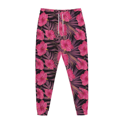 Pink Hawaiian Hibiscus Pattern Print Jogger Pants