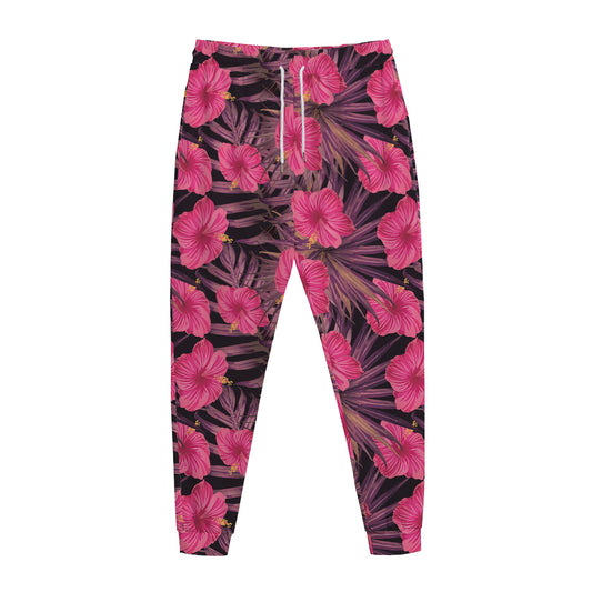 Pink Hawaiian Hibiscus Pattern Print Jogger Pants