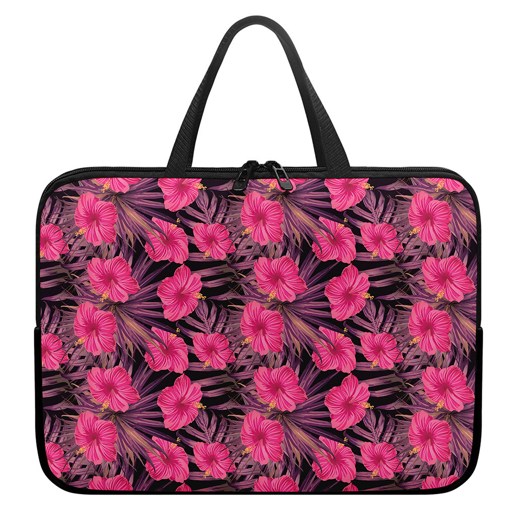 Pink Hawaiian Hibiscus Pattern Print Laptop Sleeve With Handle