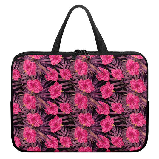 Pink Hawaiian Hibiscus Pattern Print Laptop Sleeve With Handle