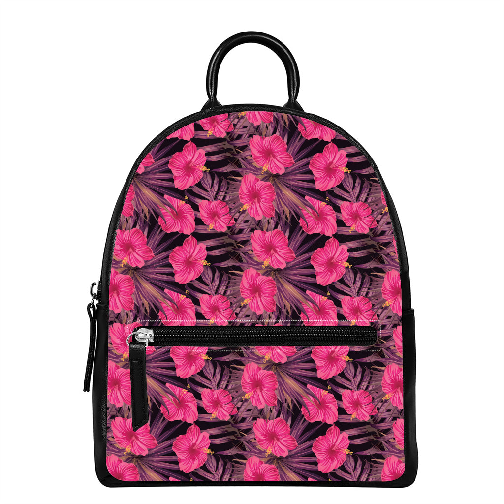 Pink Hawaiian Hibiscus Pattern Print Leather Backpack