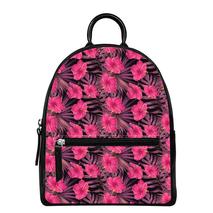 Pink Hawaiian Hibiscus Pattern Print Leather Backpack