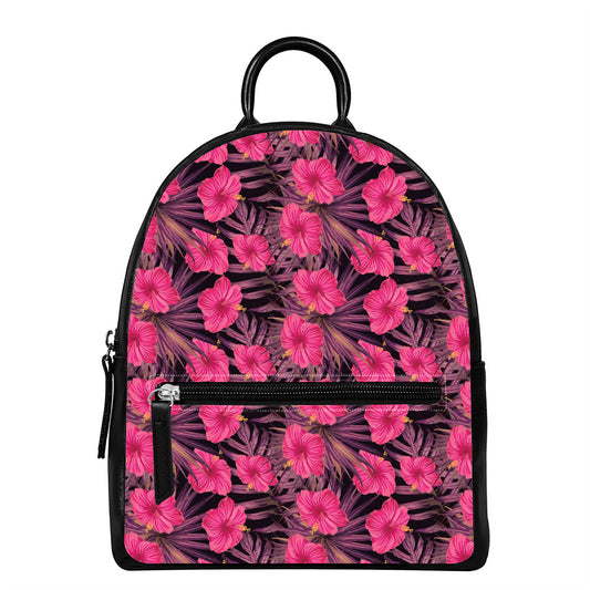 Pink Hawaiian Hibiscus Pattern Print Leather Backpack